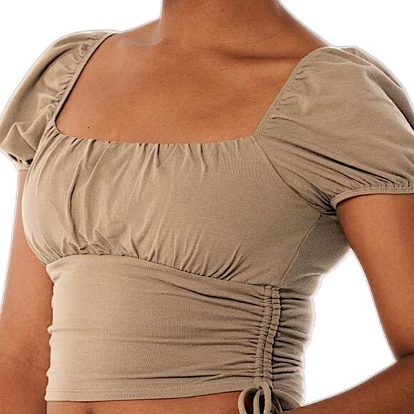 Y2K Hollister Milkmaid Top XXS Babydoll Cropped Ruched Coquette Puff Sleeves Tan - Picture 8 of 16